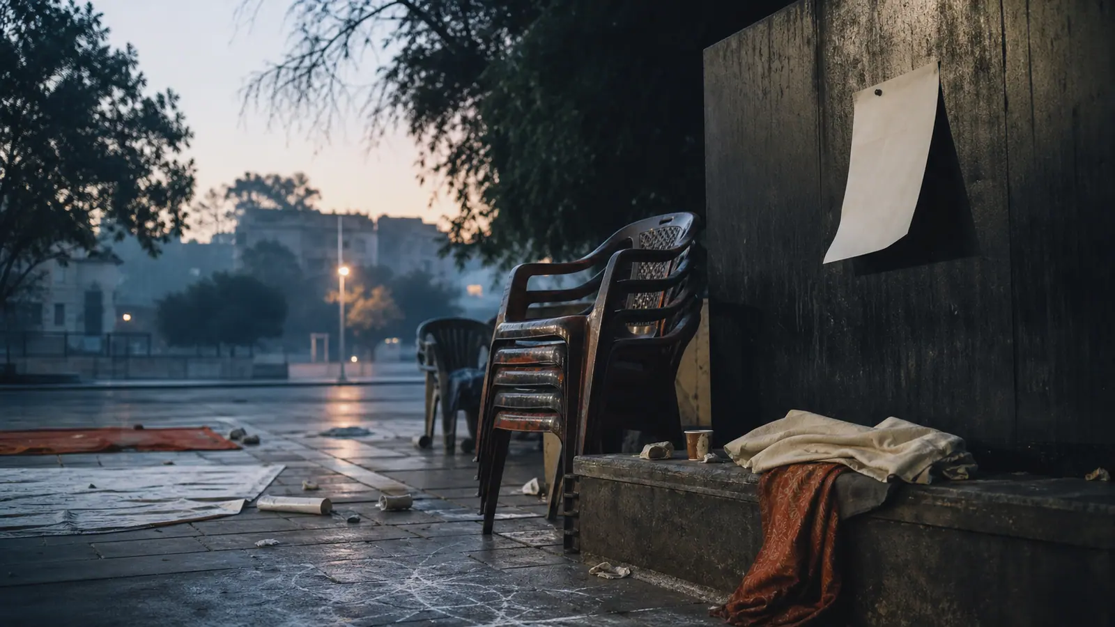 Symbolic cinematic scene of people in a public passage; not a photograph of this event